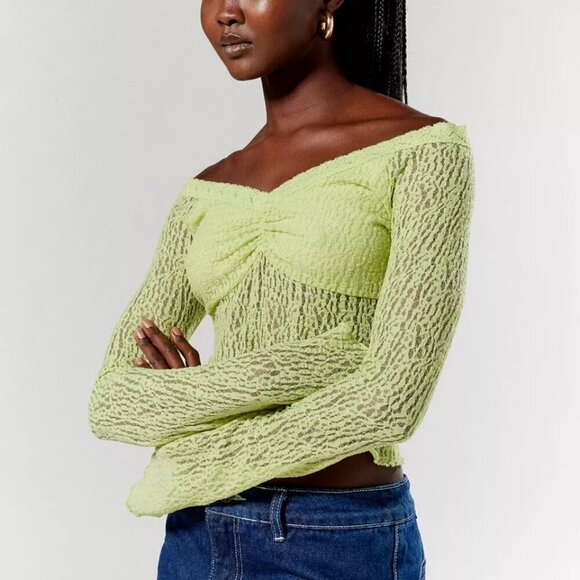 NWT UO Silence + Noise Delphine Lime Green Sheer Lace Top - Picture 6 of 6